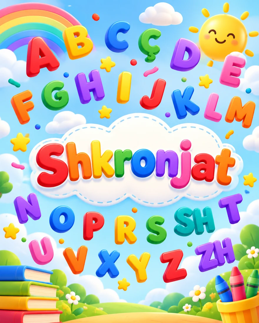 Colourful Albanian letters with a rainbow and smiling sun, created for the app’s Shkronjat activity cover