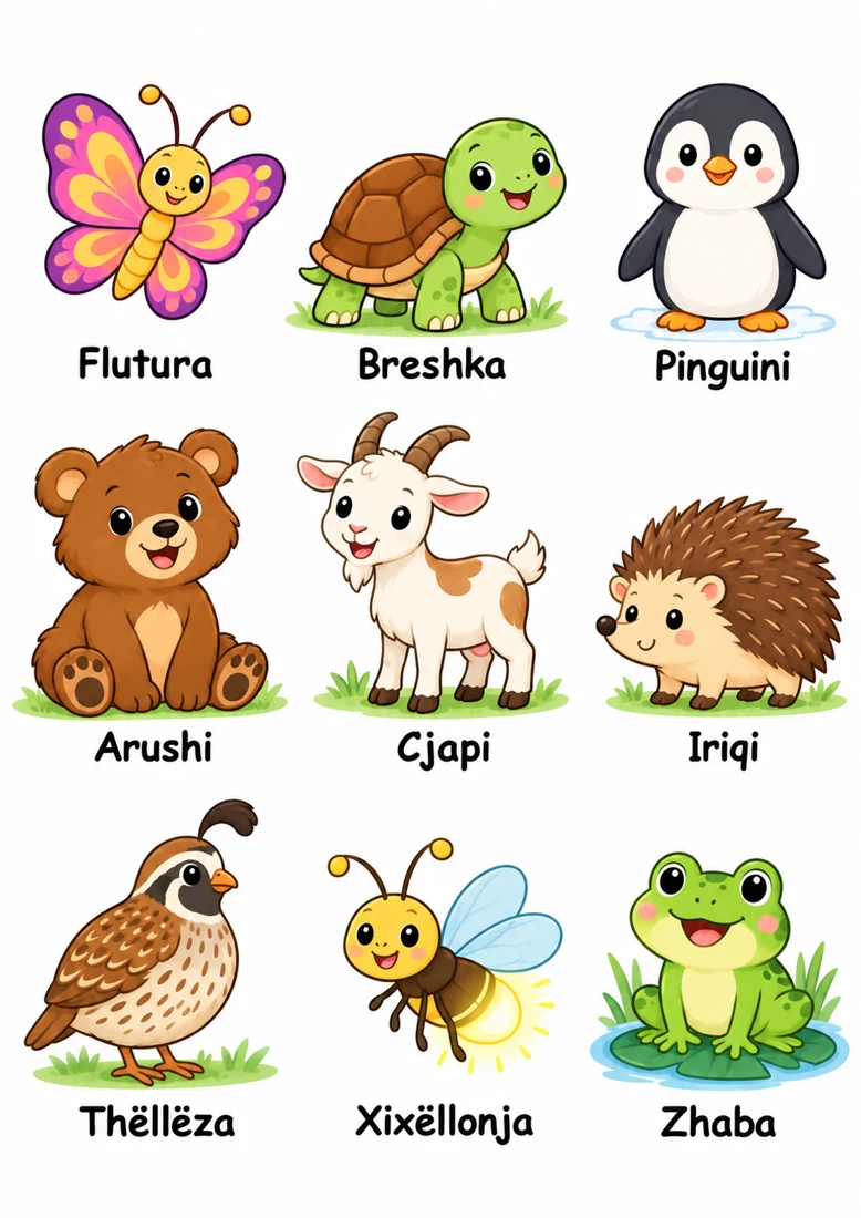 Cute illustrated animals with Albanian names, including a butterfly, turtle, penguin, bear, and hedgehog