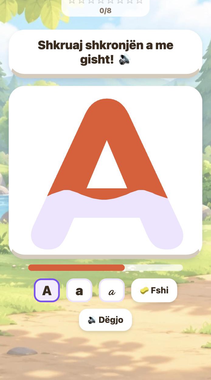 Lojra Shqip: a child colours in the letter A